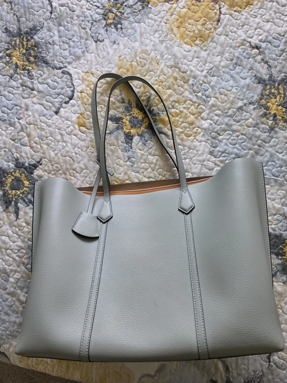 Tory Burch Perry Mint Green Leather Tote with Tan Interior and Gold Zipper